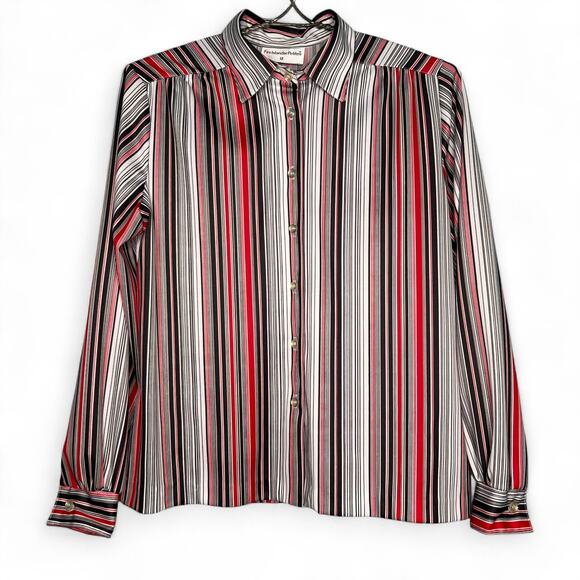 Vintage 70s Size Medium Red Black Stripe Nylon Office Button Front Blouse Top - Picture 1 of 7